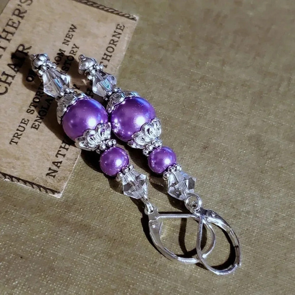Art Nouveau Purple Glass Pearl Silver Plated Handcrafted Dangle Earrings - Picture 7 of 11